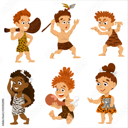 Prehistoric stone age set, primitive people, stone age weapon and tools vector Illustrations. Group of cartoon cavemen. stone age people. Cartoon Character Vector Illustration