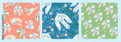 Doves of peace. Vector seamless patterns. Backgrounds for paper, packaging, wallpaper, fabric and other