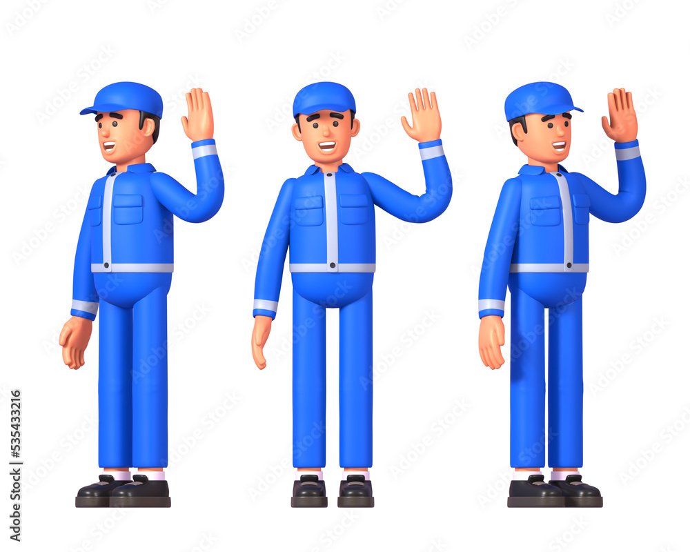 3d render of worker, courier or postman in blue uniform showing greeting gesture, waving hand 3d render of worker, courier or postman in blue uniform showing greeting gesture, waving hand