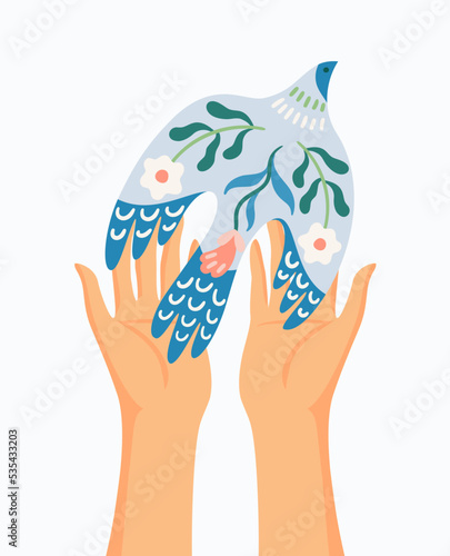Hands and dove of peace. Vector isolated illustration. Elements for card, poster, flyer and other