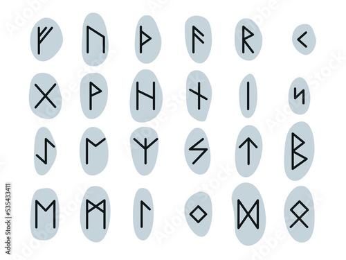 Set of Runic Alphabets. Complete collection of Rune alphabet, futhark. Writing ancient Germans. Vector Mystical symbols. 
Esoteric, occult, magic illustration for Tattoos.
