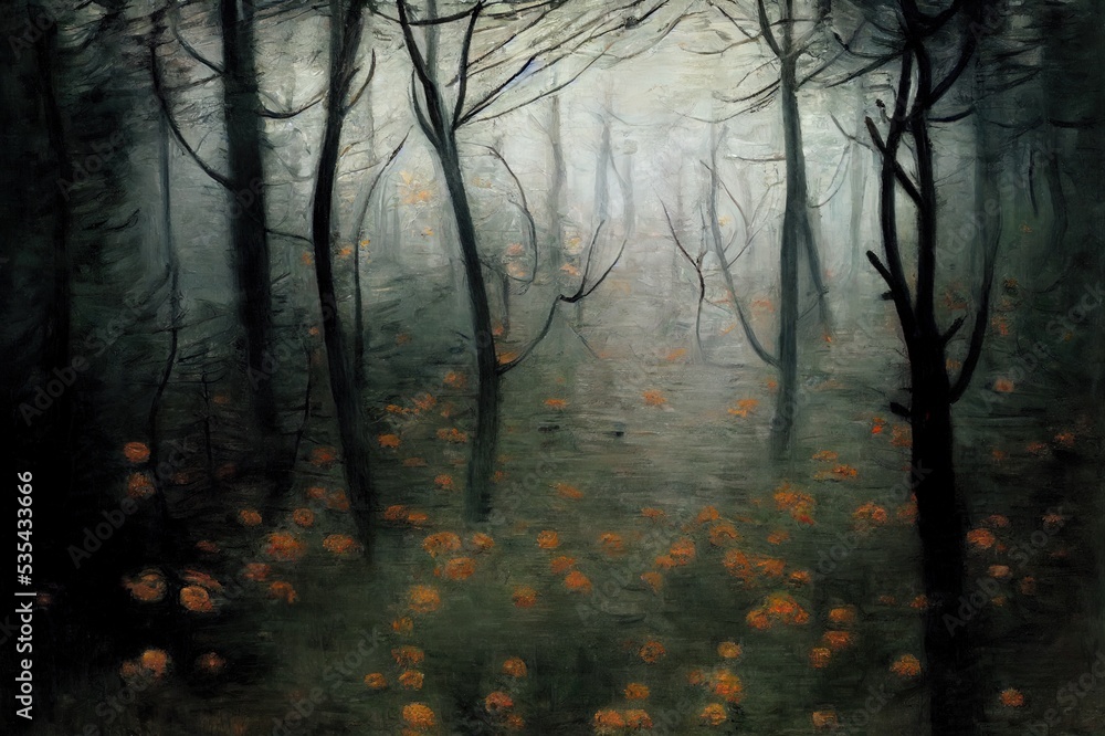 Dark forest in autumn fog. High quality illustration