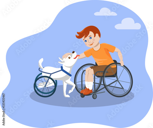 A boy in a wheelchair is happily petting a dog with a disability.