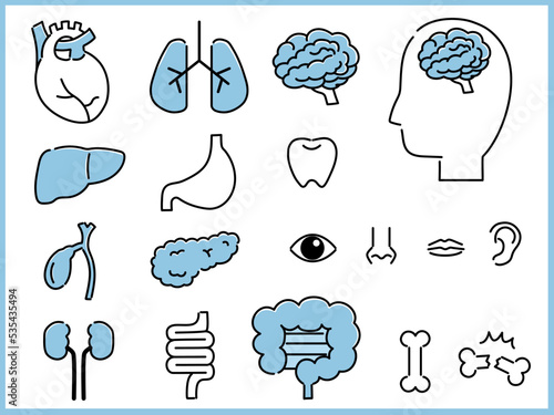 脳、顔、臓器など体のパーツイラストセット（青色）