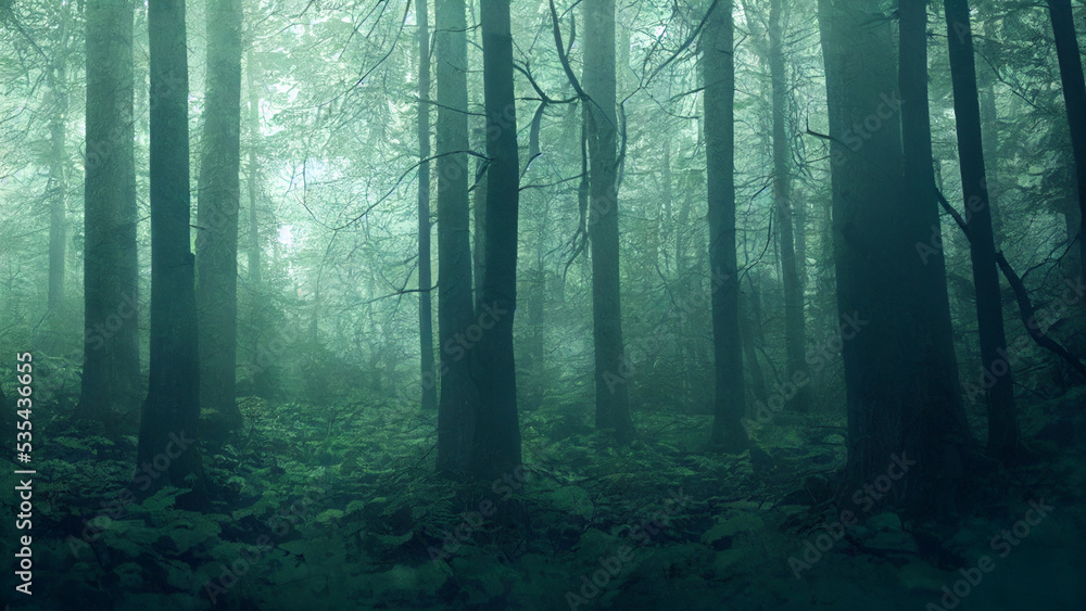 Fototapeta premium Wallpaper background of eerie forest, digital art