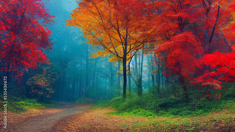 Wallpaper background of magical autumn forest, digital art