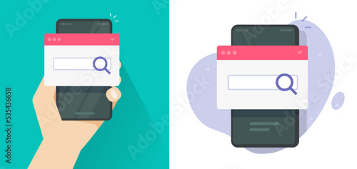 Search app on internet browser as mobile cell phone seo engine vector or web information find on smartphone cellphone online flat cartoon illustration graphic modern design image