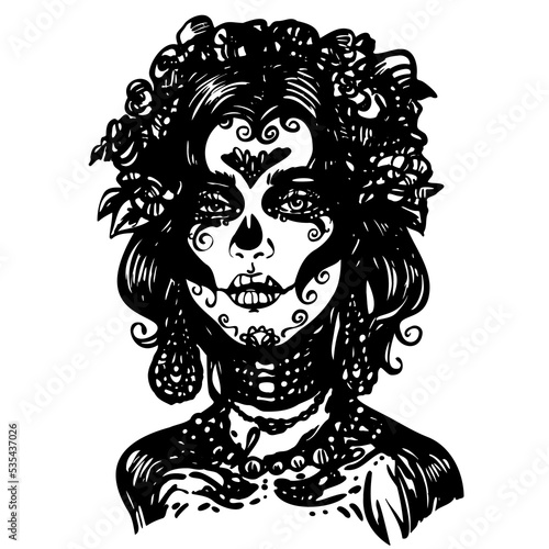 Template of beautiful woman with a rose in her hair and sugar skull makeup for Day of The Dead