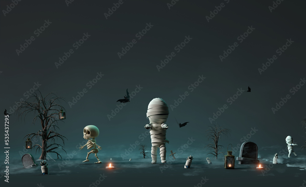 Halloween scenery. mummy and skeleton in the graveyard. 3d rendering