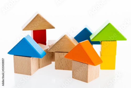 Many wooden houses on white background