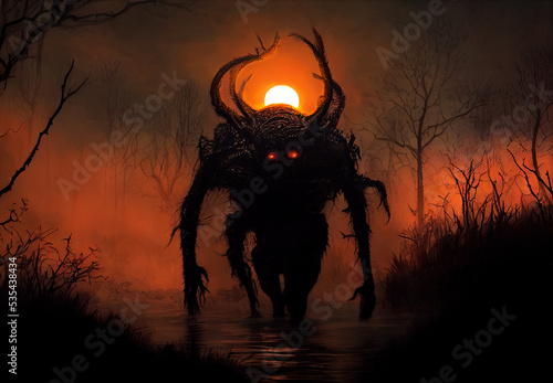 Vászonkép A creepy swamp demon inspecting his possessions at sunset