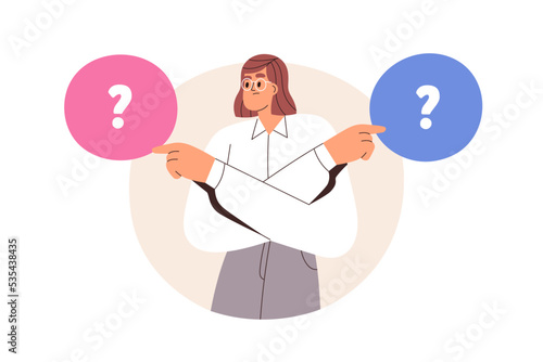Choice, dilemma concept. Business woman choosing, making decision. Puzzled confused employee thinking, deciding between two options. Flat graphic vector illustration isolated on white background photo