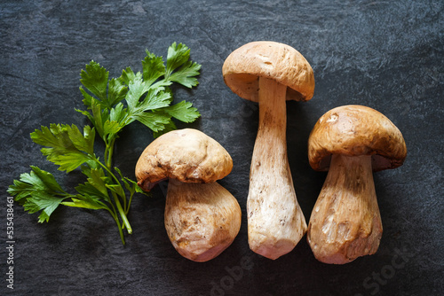 raw porcini mushrooms on dark marble table background 