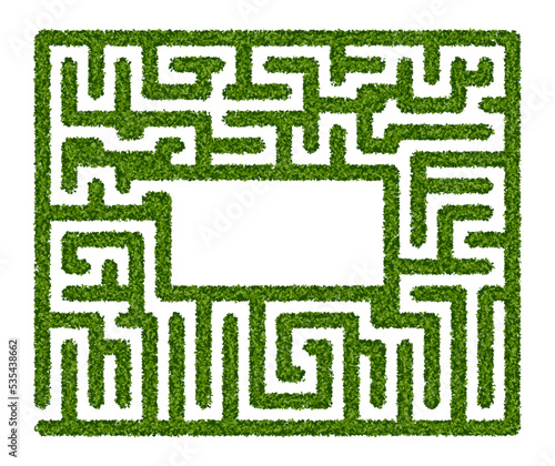Green hedge maze with empty space in the center on a white background. Labyrinth garden. Vector illustration. Education logic game for kids. Brain trainer. Find the way and right solution for exit. photo