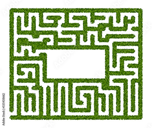 Green hedge maze with empty space in the center on a white background. Labyrinth garden. Vector illustration. Education logic game for kids. Brain trainer. Find the way and right solution for exit.