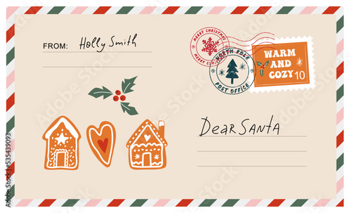 Christmas envelope with stamps, seals, gingerbread houses and inscriptions to Santa Claus.