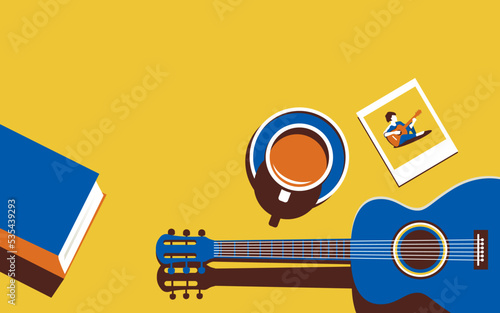 Vector illustration of a guitar and other items on a yellow background. Minimalistic illustration in trendy colors. Music concept or memories or coffee break