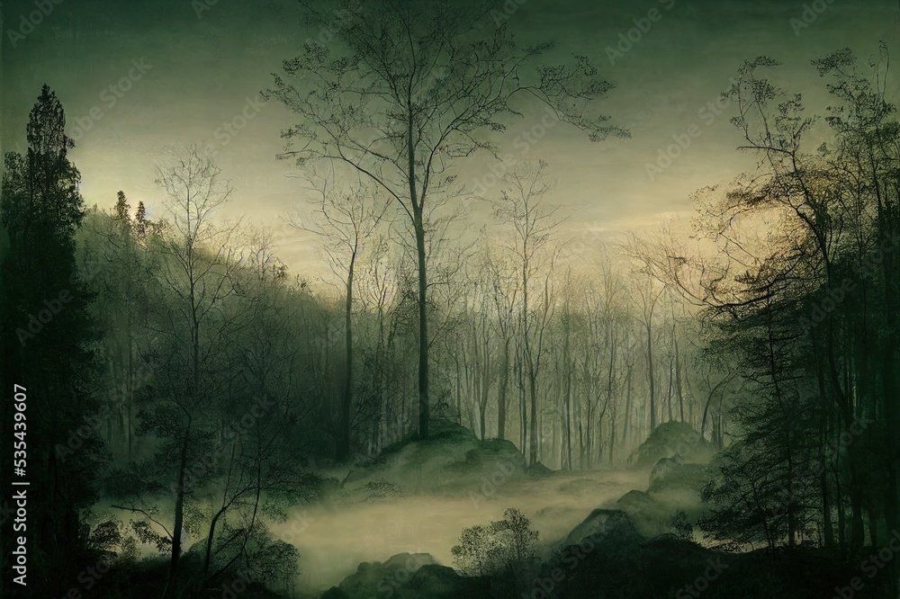 Spooky light in foggy forest. High quality illustration