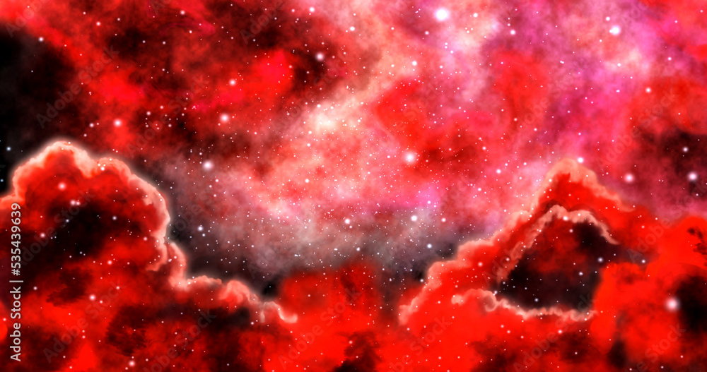 Space exploration through outer space towards a starlight orange background. Flying clouds through glowing nebulae, Flying through the clouds and star fields in deep space.