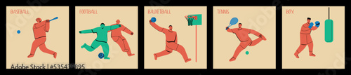Soccer football, box, baseball, basketball, tennis. Collage of professional sportsmen in action and motion isolated. Hand drawn. Colorful abstract vector illustration