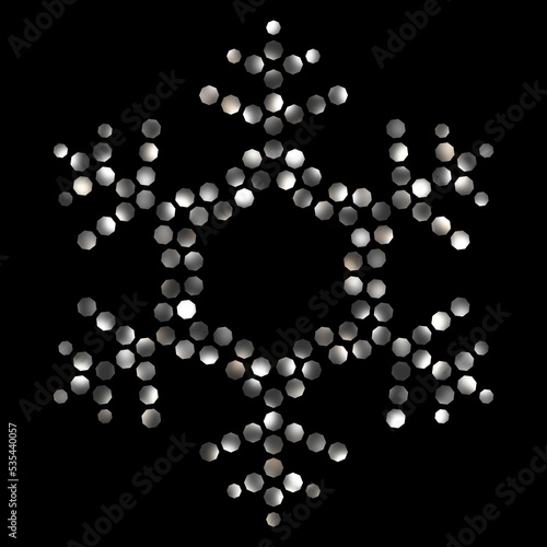 Silver snowflake glittering crystals mosaic element on black background. Christmas symbol abstract object isolated.