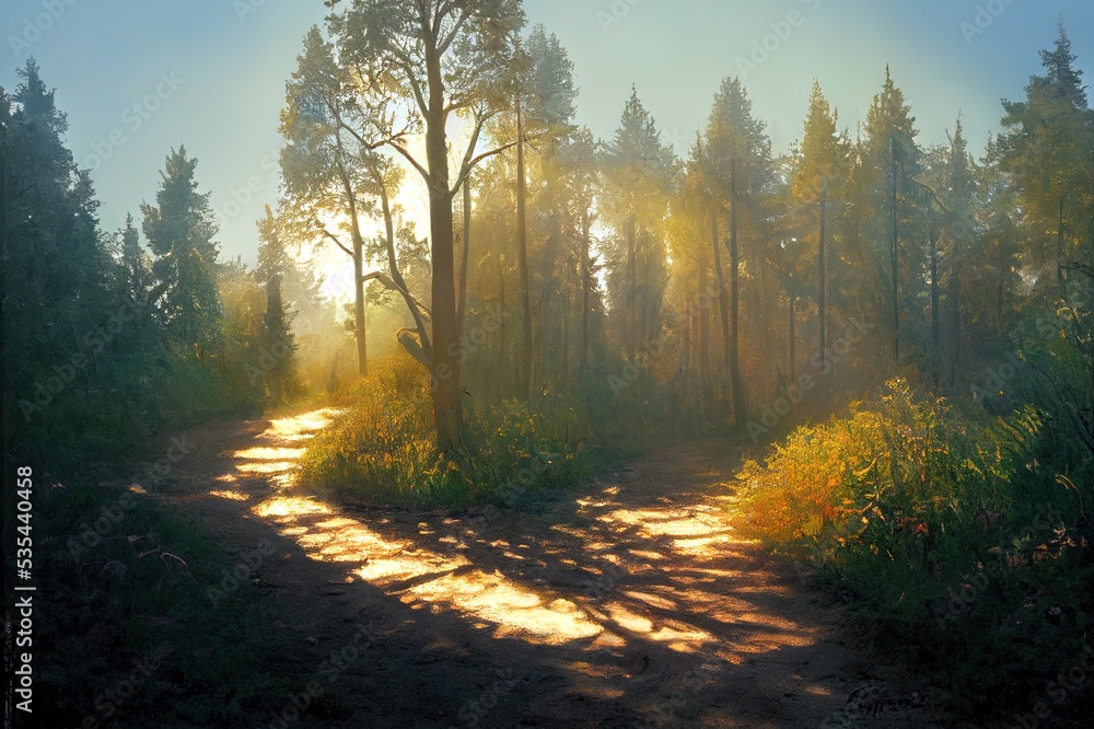 Fototapeta premium Forest path in the morning sun beam. High quality illustration