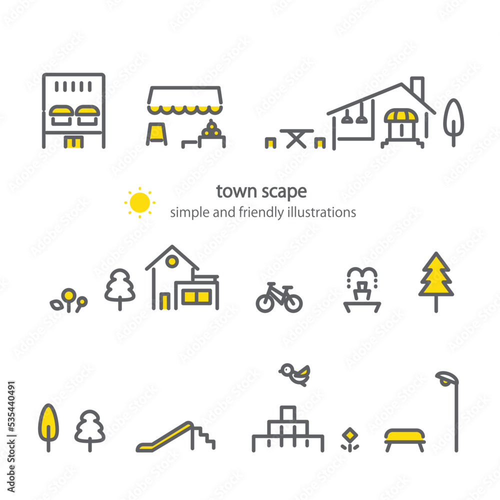 お散歩の街並み アイコンセット シンプルでお洒落な線画イラスト お散歩の街並み アイコンセット シンプルでお洒落な線画イラスト