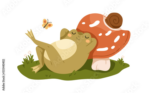 Cute frog sleeping under mushroom. Funny sleepy froggy asleep in nature. Adorable amphibian dreaming, lying on grass. Sweet happy toad relaxing. Flat vector illustration isolated on white background