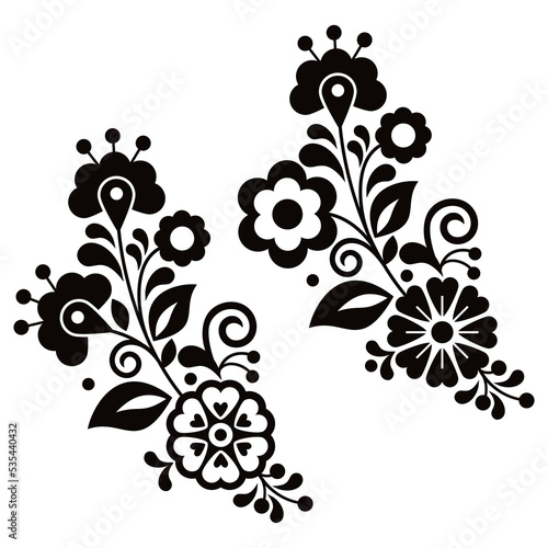 Mexican folk art style vector floral pattern set of two, black and white designs collection inspired by traditional embroidery from Mexico
 
