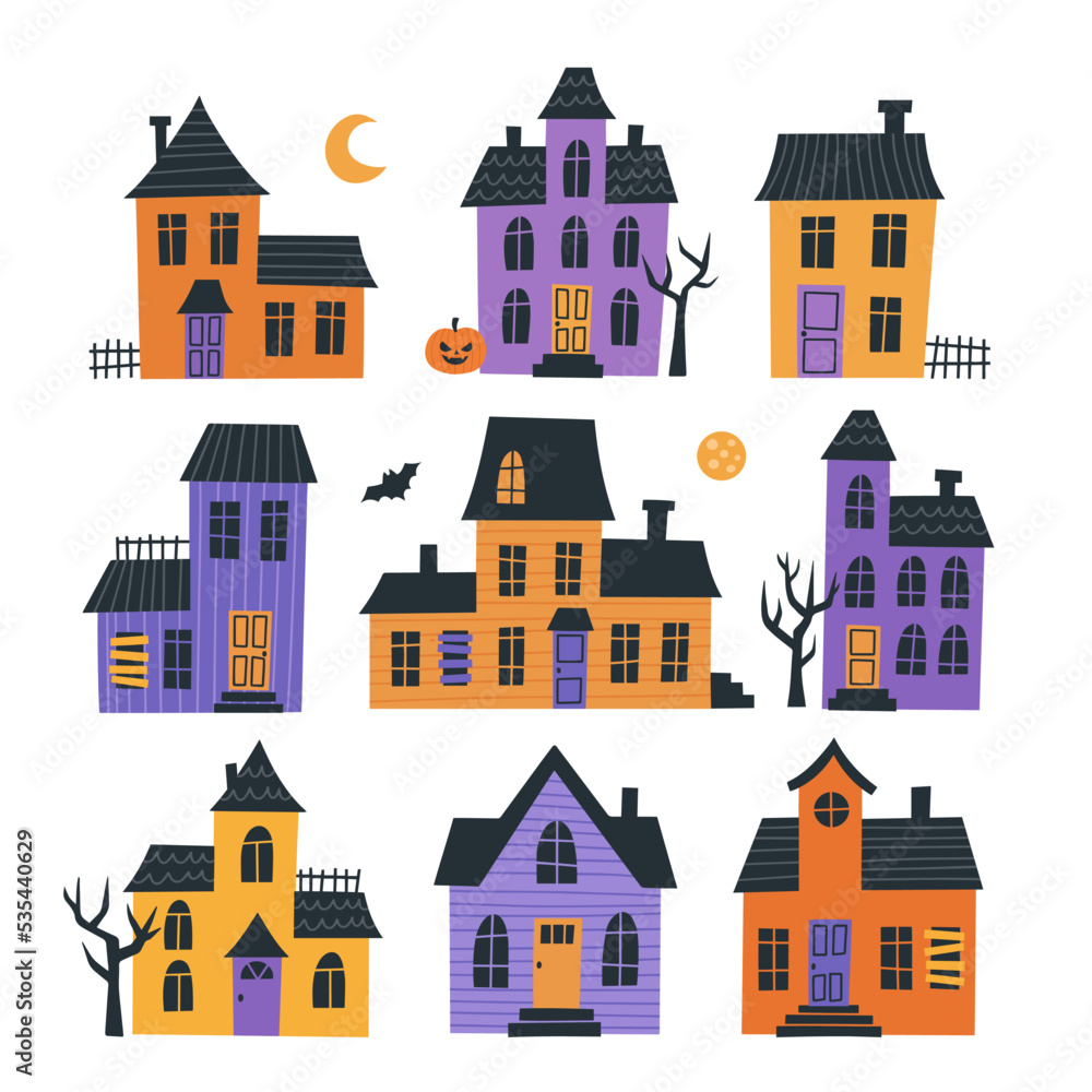Haunted halloween house set. Hand drawn vector illustration