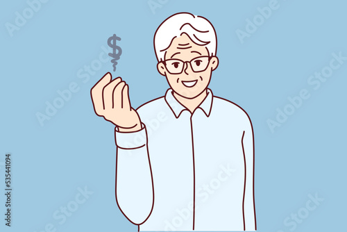 Elderly man showing dollar sign saving money for future. Smiling mature grandfather make money investments gain from rates. Banking and finances. Vector illustration. 
