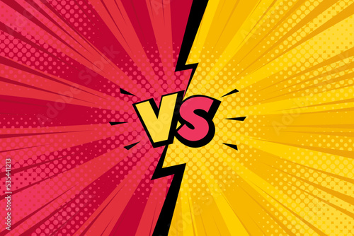 Fight versus pop art comic red yellow background with halftone, rays, cloud. Vector cartoon illustration in retro style. Design for comic book, poster, banner, competition