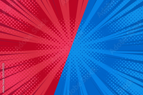 Fight versus pop art comic red blue  background with halftone, rays, cloud. Vector cartoon illustration in retro style. Design for comic book, poster, banner, competition