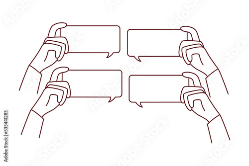 Diverse people hands holding mockup message bubbles with comments online. Users comment on internet. Talk balloons with empty copy space. Feedback and notification. 