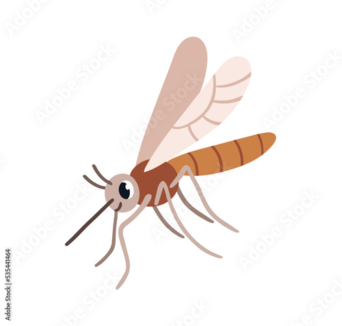 Cute mosquito. Funny gnat insect with wings and proboscis, trunk. Happy smiling sweet adorable flying character. Childish flat graphic vector illustration isolated on white background
