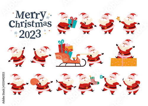 Santa Claus different characters isolated collection. Santa with gift box, bell, presents sleigh and carry Christmas stocking and gift bag. Vector flat Christmas illustration. For banner, sticker.