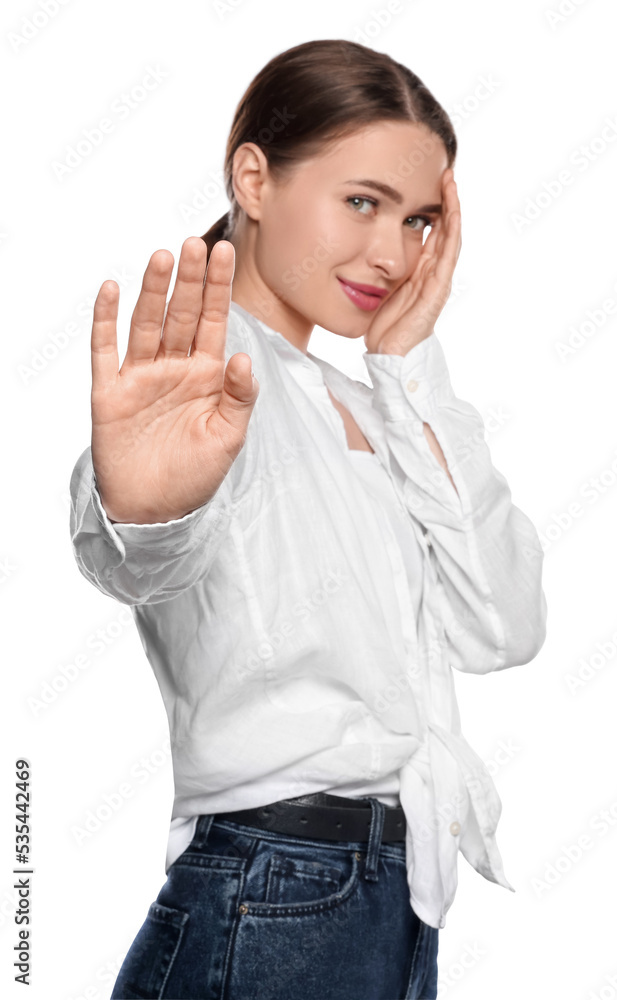 Embarrassed young woman covering face with hand on white background Embarrassed young woman covering face with hand on white background