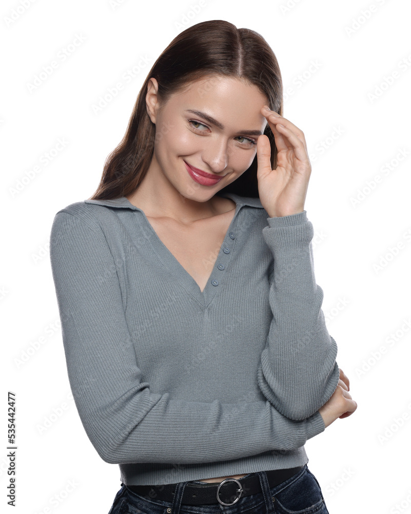 Embarrassed young woman covering face with hand on white background Embarrassed young woman covering face with hand on white background