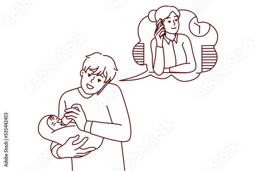 Young father feed baby infant talk with wife working in office on phone. Caring dad with child in hands have call with businesswoman mom. Vector illustration. 