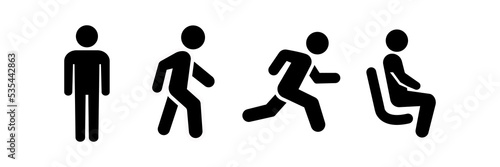 Man silhouette icons set simple flat illustration. Moving people icon set. Staying walking running seating man.