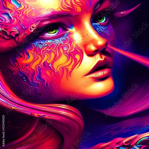 Colorful and psychedelic paiinted portrait of a girl