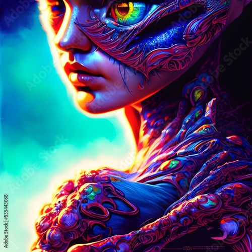 Colorful and psychedelic paiinted portrait of a girl photo