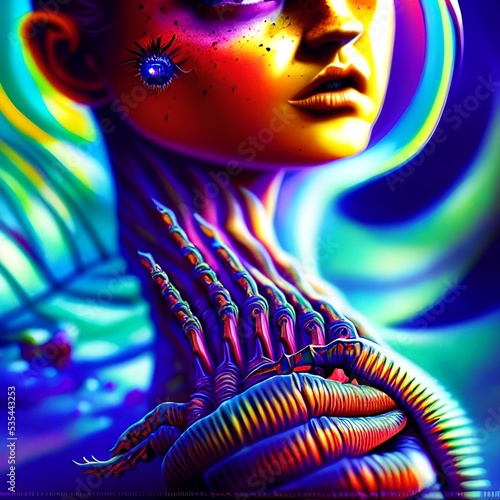 Colorful and psychedelic paiinted portrait of a girl photo