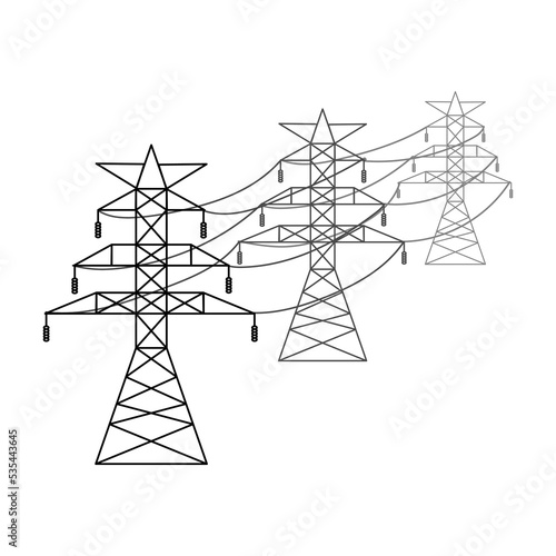 Supports of the high-voltage power grid. Vector illustration of utility electric transmission networks. Power lines isolated on white background.