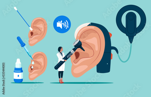 Doctors Audiologist with Instrument Check Huge Sick Ear, Otolaryngologist Character Checking Hearing. Otitis, Pain or Tinnitus Disease Treatment. Cochlear implant and hearing aid.