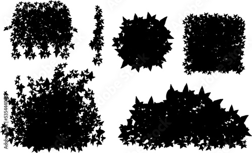 Set of ornamental black plant in the form of a hedge.Realistic garden shrub, seasonal bush, boxwood, tree crown bush foliage.For decorate of a park, a garden or a fence.