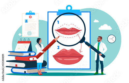 Plastic beauty operation. Correction of augmentation volume Lip, changing Lip shape during rhinoplasty surgery. Plastic surgeon, doctor doing medical cosmetic correction.