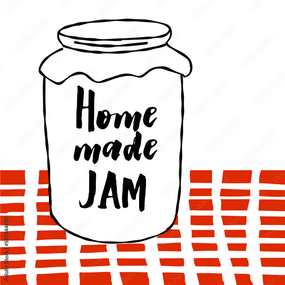 Homemade jam outline jar illustration on red white background Homemade jam outline jar illustration on red white background