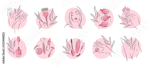 Big set of elements and icons for beauty salon. Nail polish,  manicured female hands and legs, beautiful woman face, lipstick, eyelash extension, makeup, hairdressing. Vector illustrations