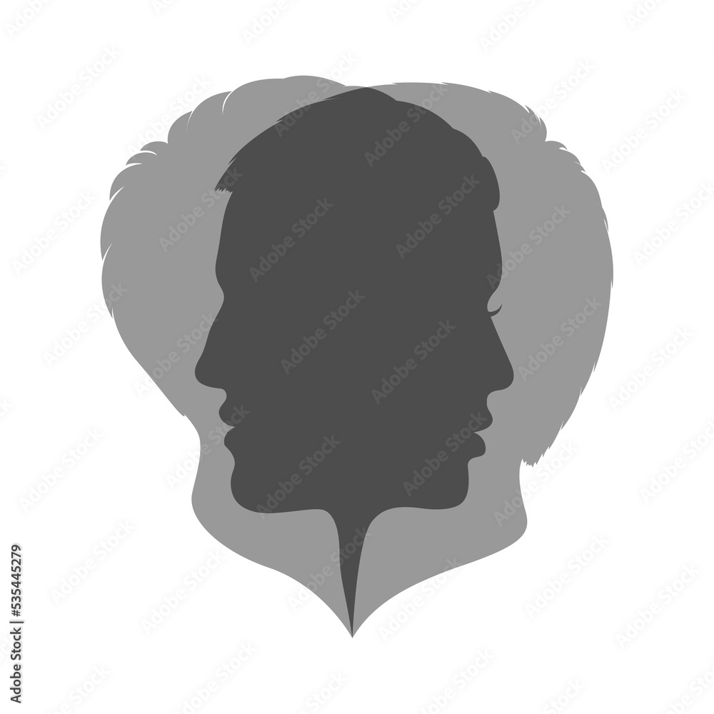 Man and woman heads silhouette. Male and female crossed profile isolated on white background. Gender psychology symbol. Vector illustration Man and woman heads silhouette. Male and female crossed profile isolated on white background. Gender psychology symbol. Vector illustration
